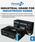 Heavy Duty Black Nitrile Work Gloves For Trades Pros Featuring Serious Textured Grip And Powder Free Latex Free Industrial Grade Protection Tough As Nails For Mechanics And Real Gritty Job Sites Daily, displayed in box packaging.