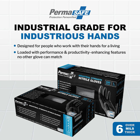 Heavy Duty Black Nitrile Work Gloves For Trades Pros Featuring Serious Textured Grip And Powder Free Latex Free Industrial Grade Protection Tough As Nails For Mechanics And Real Gritty Job Sites Daily, displayed in box packaging.