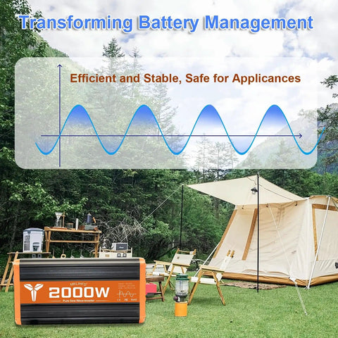 2000 Watt Pure Sine Wave Car Inverter 12V DC to 120V AC with 4000 Watt Peak Power next to camping setup outdoors