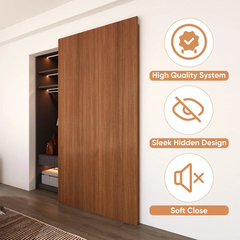 Concealed Barn Door Hardware Kit With Soft Close Mechanism And Hidden Track, Wall Mounted Invisible Sliding Door System for opening width 30 to 34 inches, installed view