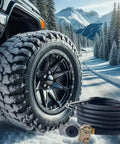 Heavy Duty Truck Tire Inflator Kit With 3/8 By 50 Ft Hybrid Air Hose, Glad Hand Connector And Air Chuck, Lightweight Kink Free Rig Line, 300 Psi Rating, Built Like Iron For Rough Haul Days next to a snowy tire in winter landscape.