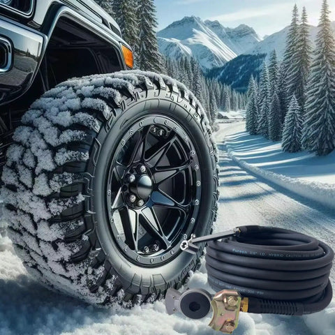 Heavy Duty Truck Tire Inflator Kit With 3/8 By 50 Ft Hybrid Air Hose, Glad Hand Connector And Air Chuck, Lightweight Kink Free Rig Line, 300 Psi Rating, Built Like Iron For Rough Haul Days next to a snowy tire in winter landscape.