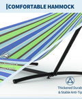 Two Person Hammock With Stand For Outdoors And Indoors Double Portable Hammock Set With Space Saving Heavy Duty Steel Stand Carrying Bag Included Weather Resistant Patio And Backyard Lounging 450 Lb Capacity with blue-green striped fabric and black steel stand