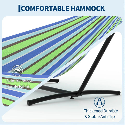 Two Person Hammock With Stand For Outdoors And Indoors Double Portable Hammock Set With Space Saving Heavy Duty Steel Stand Carrying Bag Included Weather Resistant Patio And Backyard Lounging 450 Lb Capacity with blue-green striped fabric and black steel stand