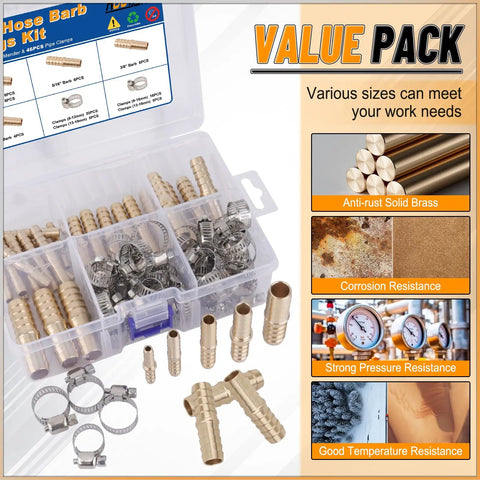 Brass Hose Barb Fittings Kit With 32 Pieces And 46 Pipe Clamps For Water Fuel And Air Lines Splicer Mender Set in plastic case