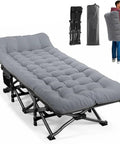 Camping Cot With Cushioned Comfort For Adults, Portable Folding Bed in gray with a durable steel frame and soft fabric.
