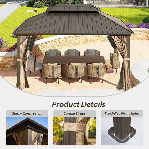 10x14 Ft Outdoor Gazebo With Hardtop And Curtains Netting Included, Galvanized Steel Frame, Weatherproof Patio Shelter