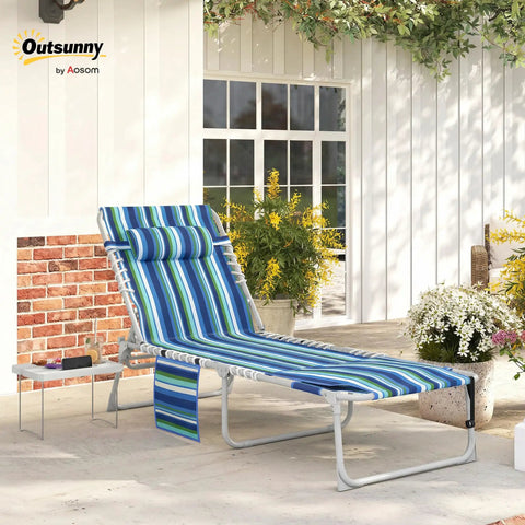 Face Hole Tanning Chair With Side Table And Carry Straps, 5 Position Folding Chaise Lounge For Beach Or Pool, Oxford Fabric In Blue Stripe outdoors