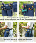 Heavy Duty Garden Kneeler Seat And Gardening Stool With tool pouches holding various gardening tools, shown from multiple angles.