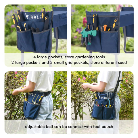 Heavy Duty Garden Kneeler Seat And Gardening Stool With tool pouches holding various gardening tools, shown from multiple angles.