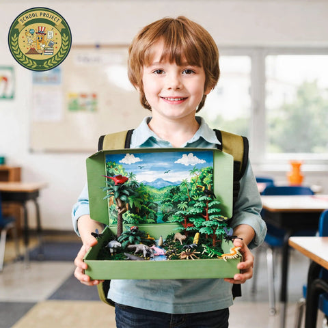 Child holding Rainforest Diorama Kit With 33 Pieces PVC Animals And Insects, Miniature Trees, Moss, Sand, Stones, and Backdrop