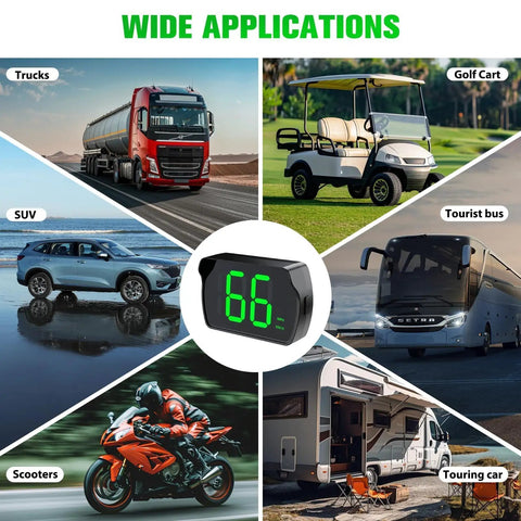 Straight Shot Gps Digital Speedometer For Car Wireless Dash Speed Tracker showing applications on various vehicles like trucks and golf carts.