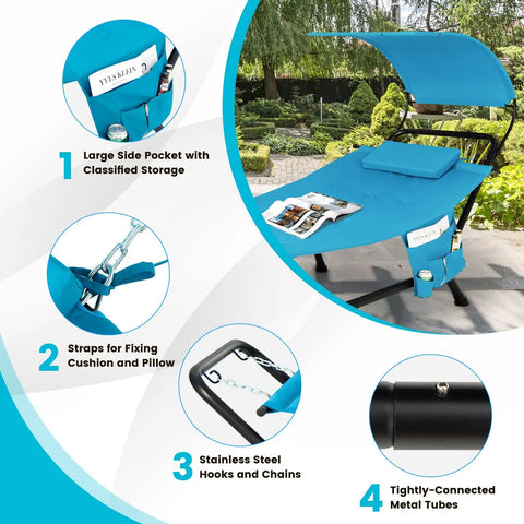 Heavy Duty Outdoor Hammock With Stand And Adjustable Canopy For Backyard Hangouts, rustproof metal frame, detachable sunshade, built-in pillow, storage pocket, weatherproof blue hammock bed