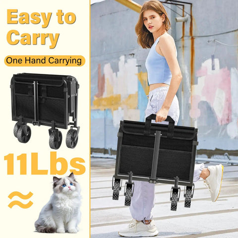 Person easily carrying a folded collapsible wagon with wheels, black finish, 11 lbs, ideal for groceries, camping, and travel.