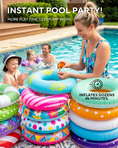 Woman by pool with Ultra Mini Portable Air Pump For Pool Floats And Air Mattress Wireless Inflator And Deflator Rechargeable Tiny Electric Pump
