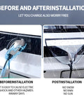 Before and after installation of All Black EV Charging Port Protector With Magnetic Guard And Secure Strap, showcasing protection from rain.