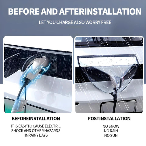 Before and after installation of All Black EV Charging Port Protector With Magnetic Guard And Secure Strap, showcasing protection from rain.