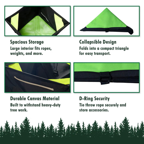 Heavy Duty Throw Line Cube Storage Bag For Arborists with collapsible triangle design, spacious interior, and durable canvas material.