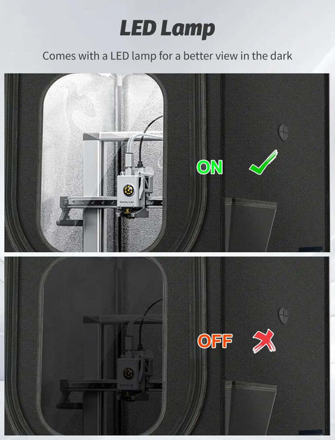 LED light feature in Tough As Nails 3D Printer Enclosure With LED Light For A1 And A1 Mini Fireproof Waterproof Tent, showing on/off view.