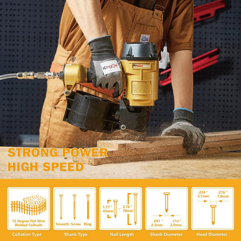 Person using Coil Siding Nailer Workhorse for wood projects, showing 1/4 NPT air connector and ergonomic grip.