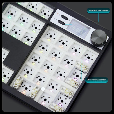 Next Level Full Size Mechanical Keyboard Barebones Kit layout showing hot swappable keys, smart screen, and volume knob.
