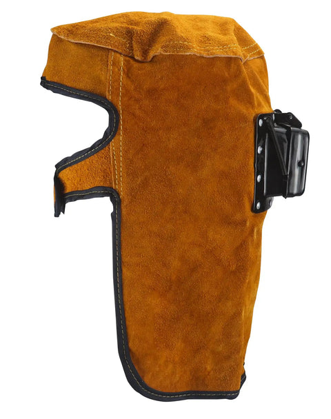 Side view of Leather Welding Hood With Flip Open Lens For Face, Head And Neck Protection, Breathable Cowhide Shield Mask, Flame And Heat Resistant