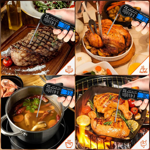 Fast Digital Meat Thermometer With Magnetic Backlight Waterproof Design For Cooking, Grilling, BBQ, Baking, Smoking And Candy Making used on steak, chicken, soup, and grilled meat