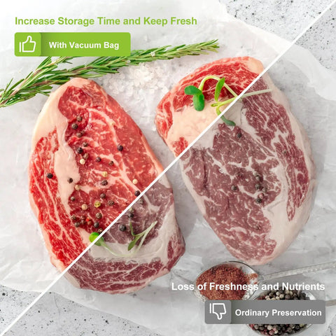 Comparison of steak freshness with and without Vacuum Sealer Bags 11 Inch By 50 Foot Rolls 2 Pack For Food Storage BPA Free Commercial Grade Textured Roll Bags Ideal For Sous Vide Cooking Keeps Food Fresh Longer And Preserves Flavor