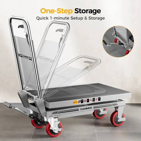Heavy Duty Hydraulic Lift Table Cart With 1100 Lb Capacity Single Scissor Lifts Up To 34.7 Inches Gray Finish built for easy mobility