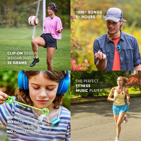 Screen Free Portable Music Player For Kids And Fitness With Offline Amazon Music, shown during various activities