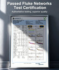 Fluke Networks test certification document for Ethernet cable, showing various test graphs and data, indicating pass status.