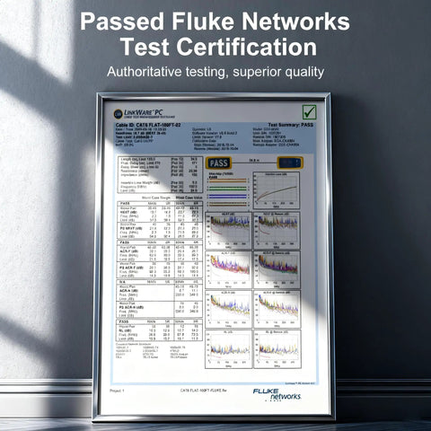 Framed Fluke Networks certification for Cat6 Ethernet Cable 50ft Indoor Outdoor Flat Network Cable on wall.