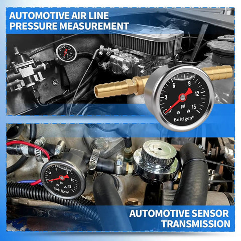 Dead Nuts Accurate Fuel Pressure Gauge Kit 0 To 15 Psi Glycerin Filled Dial showing pressure measurement in engine bay.