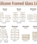 Assorted silicone framed glass lid containers in round, square, and rectangle shapes with various sizes