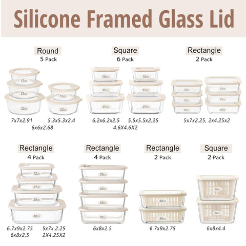 Assorted silicone framed glass lid containers in round, square, and rectangle shapes with various sizes