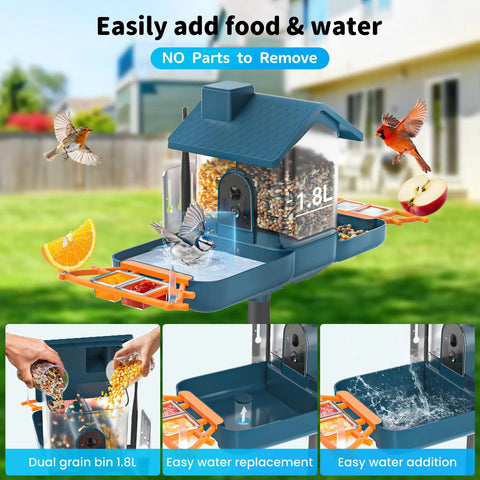 Outdoor Bird Feeder Camera Bird Bath Dual Lens 2K HD Smart Feeder Solar Powered AI Bird Identification Instant Alerts IP66