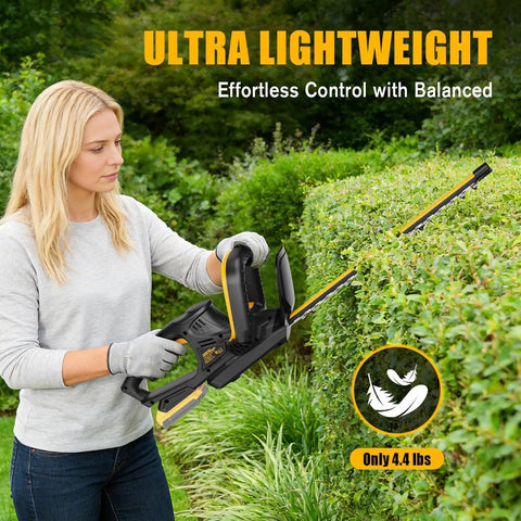 Woman trimming hedge with Cordless Hedge Trimmer Compatible With 20V Max Battery 22 Inch Electric Bush Trimmer With Dual Action Blade