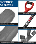 Collage showing features of Heavy Duty Drain Spade With Narrow Serrated Blade For Cutting Roots And Digging 44 Inch Garden Shovel