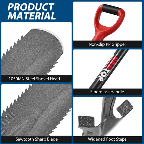 Collage showing features of Heavy Duty Drain Spade With Narrow Serrated Blade For Cutting Roots And Digging 44 Inch Garden Shovel
