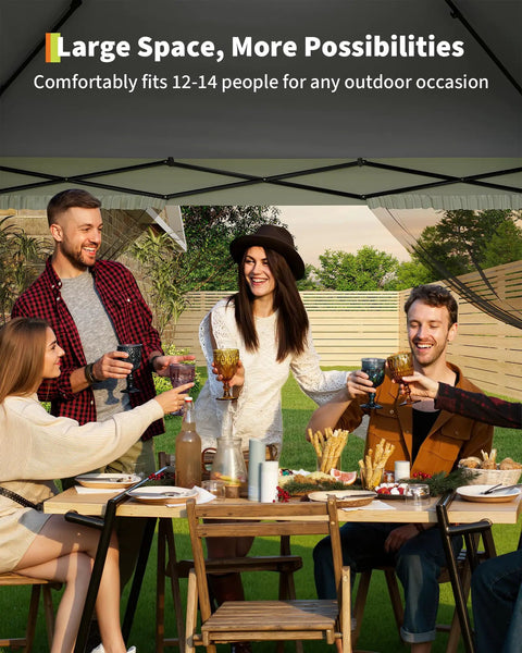 Group of people enjoying a meal under a 13x13 Ft Pop Up Gazebo With Mosquito Netting For Backyard Patio Or Deck One Push Center Lock Quick Setup Easy Breezy Assembly Spacious Outdoor Canopy Tent For Patio Parties Weather Resistant Grey.
