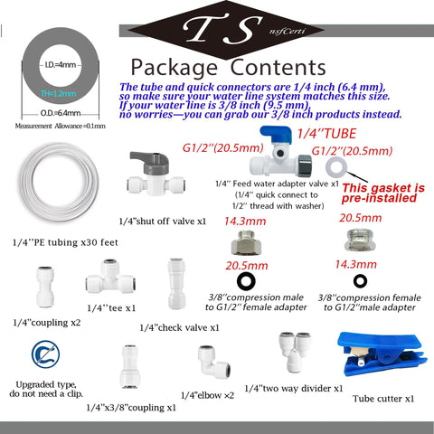 Amazon TSnsfCerti NSF 1/4 in RO tubing with push-to-connect fittings kit; includes 30 ft tubing and 11 connectors.
