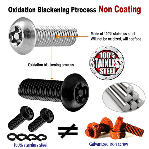 Lock Your Plates Down Tight With These Sleek Black License Plate Screws Featuring Tamper Proof Anti Theft Design Made From Sturdy One Quarter Inch Stainless Steel For Quick Install And Heavy Shield Against Highway Hooligans And Dust with black and stainless steel bolts and oxidation process.