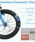 Close-up of pneumatic tire layers on 16 Inch Kids Bike For Boys And Girls With Removable Training Wheels Pneumatic Tires Adjustable Seat And Handlebar Dual Brake System Kid Friendly Grows With Your Kid For Ages 3 To 8 Blue.