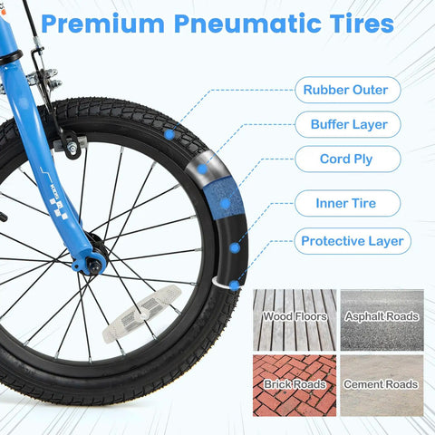 Close-up of pneumatic tire layers on 16 Inch Kids Bike For Boys And Girls With Removable Training Wheels Pneumatic Tires Adjustable Seat And Handlebar Dual Brake System Kid Friendly Grows With Your Kid For Ages 3 To 8 Blue.