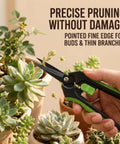 Hand using garden scissors to trim succulent plant with precise pruning, showcasing Two Pack 8 Inch Bypass Garden Pruning Shears And 6.25 Inch Advanced Garden Scissors Set For Trimming Flowers Cutting Plants And Gathering Fruit With High Grade SK5 Steel Blades And Teflon Coating For Clean Rust Resistant Cuts.