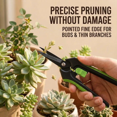Hand using garden scissors to trim succulent plant with precise pruning, showcasing Two Pack 8 Inch Bypass Garden Pruning Shears And 6.25 Inch Advanced Garden Scissors Set For Trimming Flowers Cutting Plants And Gathering Fruit With High Grade SK5 Steel Blades And Teflon Coating For Clean Rust Resistant Cuts.