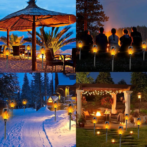 Outdoor Solar Torch Lights With Lit Flickering Flame for garden decor, 20.5 inch tall, 12 LED waterproof, used in varied settings