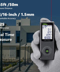 Person holding Bluetooth Laser Distance Meter with Real Time Measuring and 165 Foot Range, backlit LCD display visible.