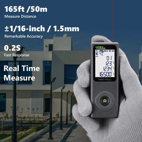 Person holding Bluetooth Laser Distance Meter with Real Time Measuring and 165 Foot Range, backlit LCD display visible.