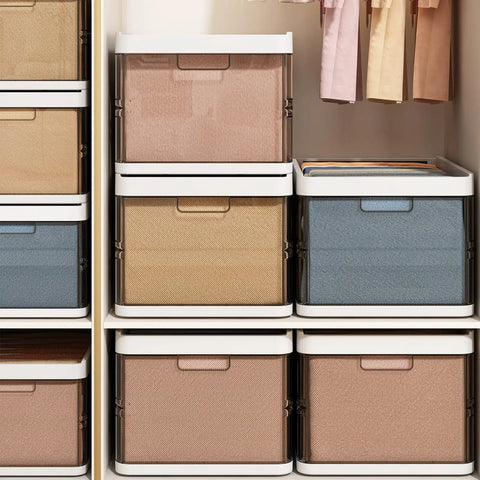 Three-Pack Stackable Clothes Organizer Bins with Sliding Rails and Removable Lids, arranged in closet, drawer style.